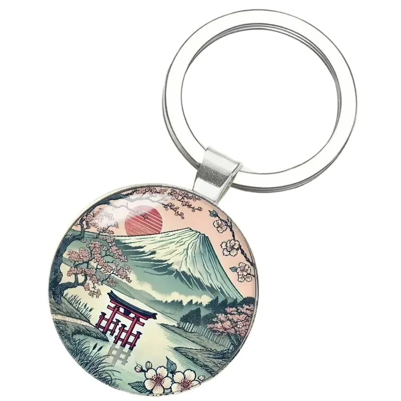 Mount Fuji & Cherry Blossom Glass Cabochon Keychain – Scenic Japanese Town Landscape Pendant, Travel Souvenir Keyring for Bag & Keys